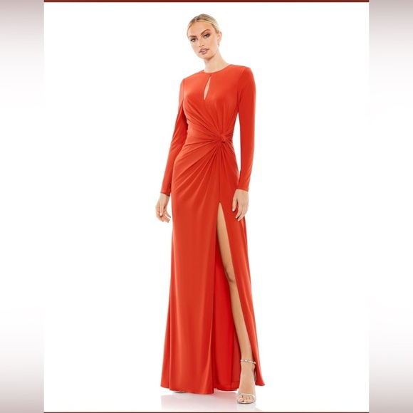 HOST PICK 🎉MacDuggal $625 NWT Jersey Knit Keyhole Ruched Knot Side Slit Dress - Picture 1 of 6